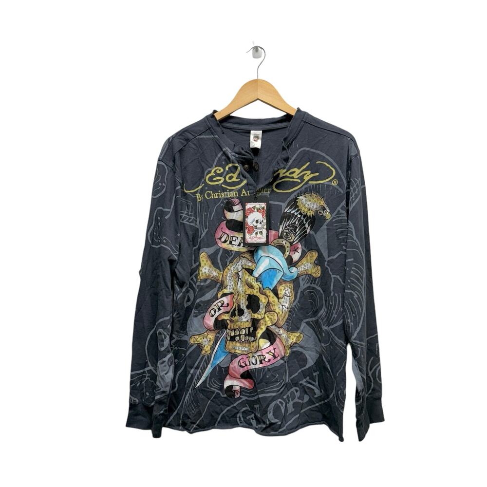 Vintage Ed Hardy Skull Death Glory AOP Tattoo Long Sleeve Y2K Shirt Mens 2XL